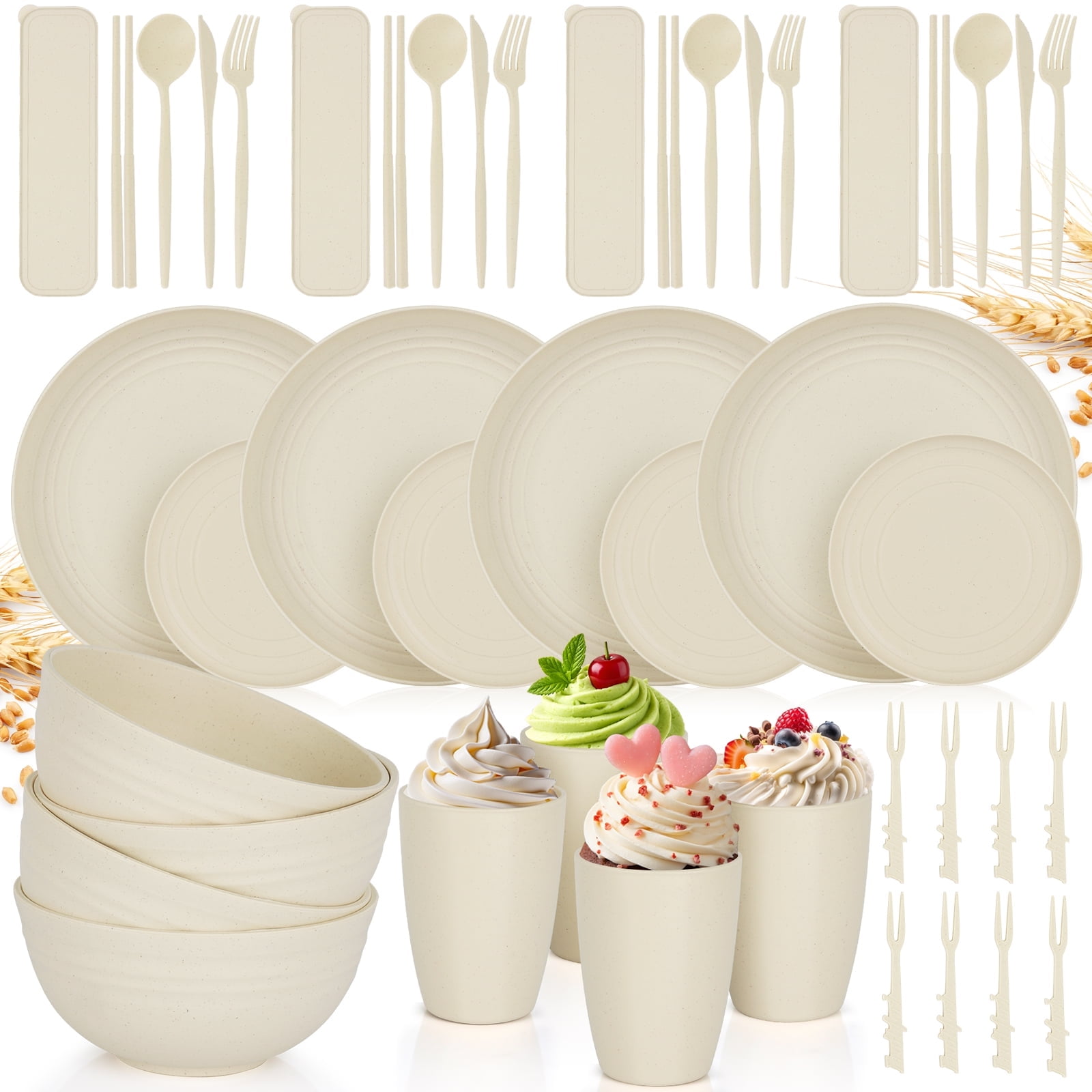 PHANCIR Wheat Straw Dinnerware Sets 48 PCS, Unbreakable Plates and Bowls Sets, Dishwasher Microwave Safe Dinnerware, for 4 People Travel Camping Picnic Home Party Cutlery Set, Beige
