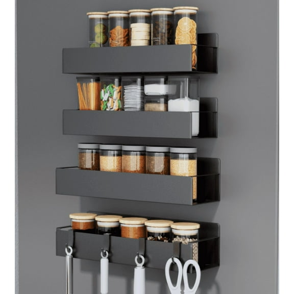 PHANCIR 4PCS Magnetic Spice Rack Organizer, Movable Kitchen Storage Rack with Hooks, Black