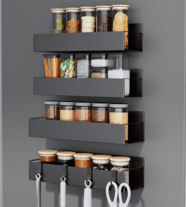 PHANCIR 4PCS Magnetic Spice Rack Organizer, Movable Kitchen Storage Rack with Hooks, Black