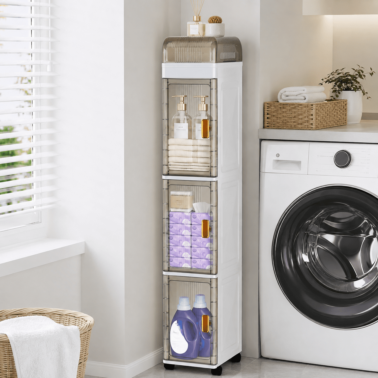 PHANCIR 3-Tier Tall Bathroom Storage Cabinets, Narrow Cabinet Bathroom Storage Tower with Wheels, for Small Spaces, White