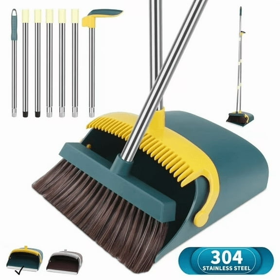 PHANCIR 57'' Broom and Dustpan Set for Home, Efficient Cleaning Teeth Dustpan, Long Handle Broom and Dustpan, Blue