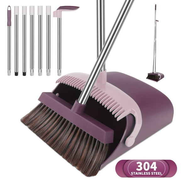 PHANCIR 57'' Broom and Dustpan Set for Home, Efficient Cleaning Teeth Dustpan, Long Handle Broom and Dustpan, Purple