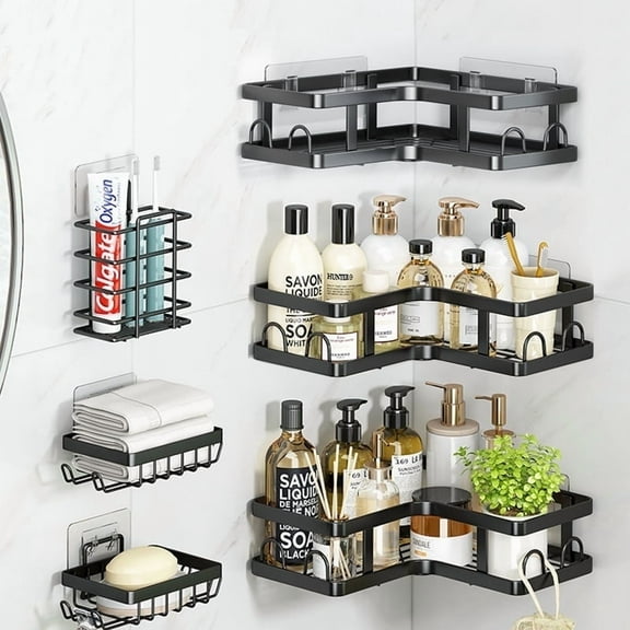PHANCIR 6 PCS Corner Shower Caddy with Soap Holder, Wall-Mounted Stainless Steel Shelf Black