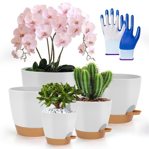 PHANCIR 7/6.5/6/5.5/5 Inch Set of 5 Self Watering Plant Pots, Plastic Flower Pots for Indoor Outdoor Succulent with Nitrile Gloves, White
