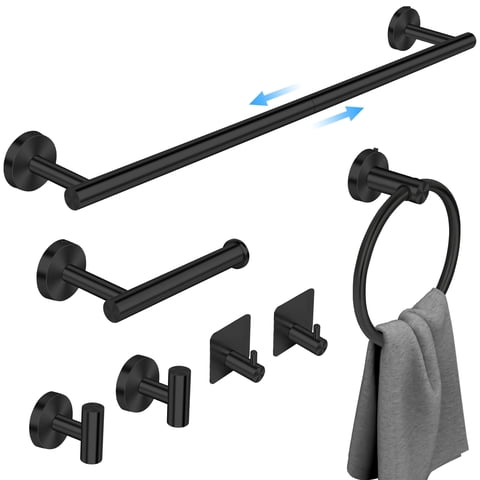 PHANCIR 7 Pcs Hardware Set for Bathroom, Stainless Steel Accessories, Includes 24" Towel Bar, Toilet Paper Holder, Towel Ring, Robe Hooks, Wall Mounted Bathroom Rack Set, Matte Black