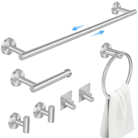 PHANCIR 7 Pcs Hardware Set for Bathroom, Stainless Steel Accessories, Includes 24" Towel Bar, Toilet Paper Holder, Towel Ring, Robe Hooks, Wall Mounted Bathroom Rack Set, Nickel-Silver