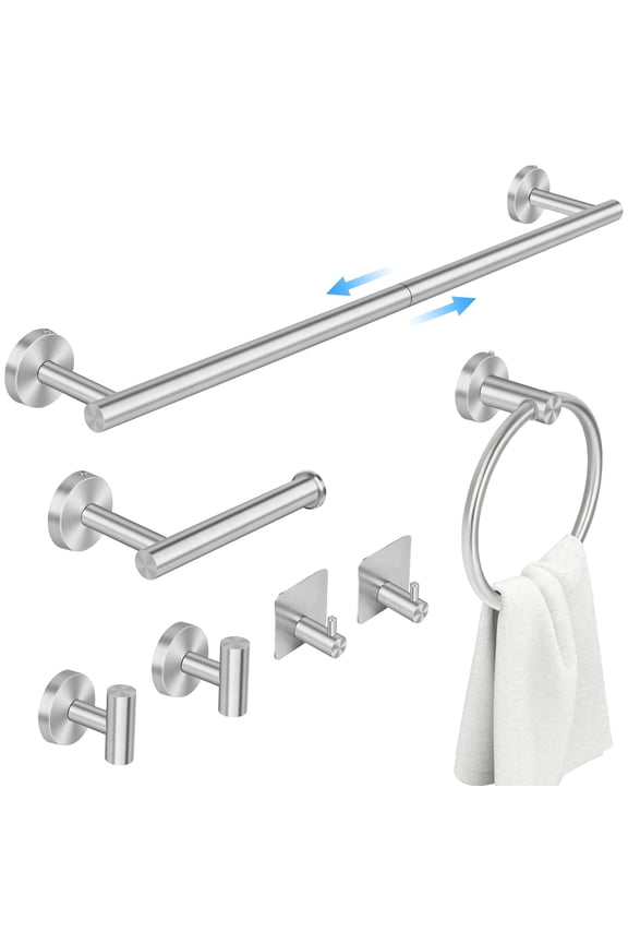 7 Pcs Hardware Set for Bathroom, Stainless Steel Accessories, Includes 24" Towel Bar, Toilet Paper Holder, Towel Ring, Robe Hooks, Wall Mounted Bathroom Rack Set, Nickel-Silver