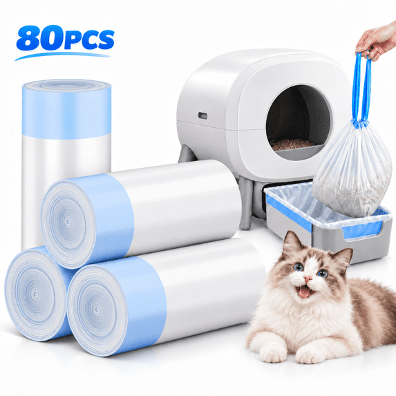 PHANCIR Automatic Cat Litter Box Bags, 4 Rolls × 20 Bags Drawstring ...