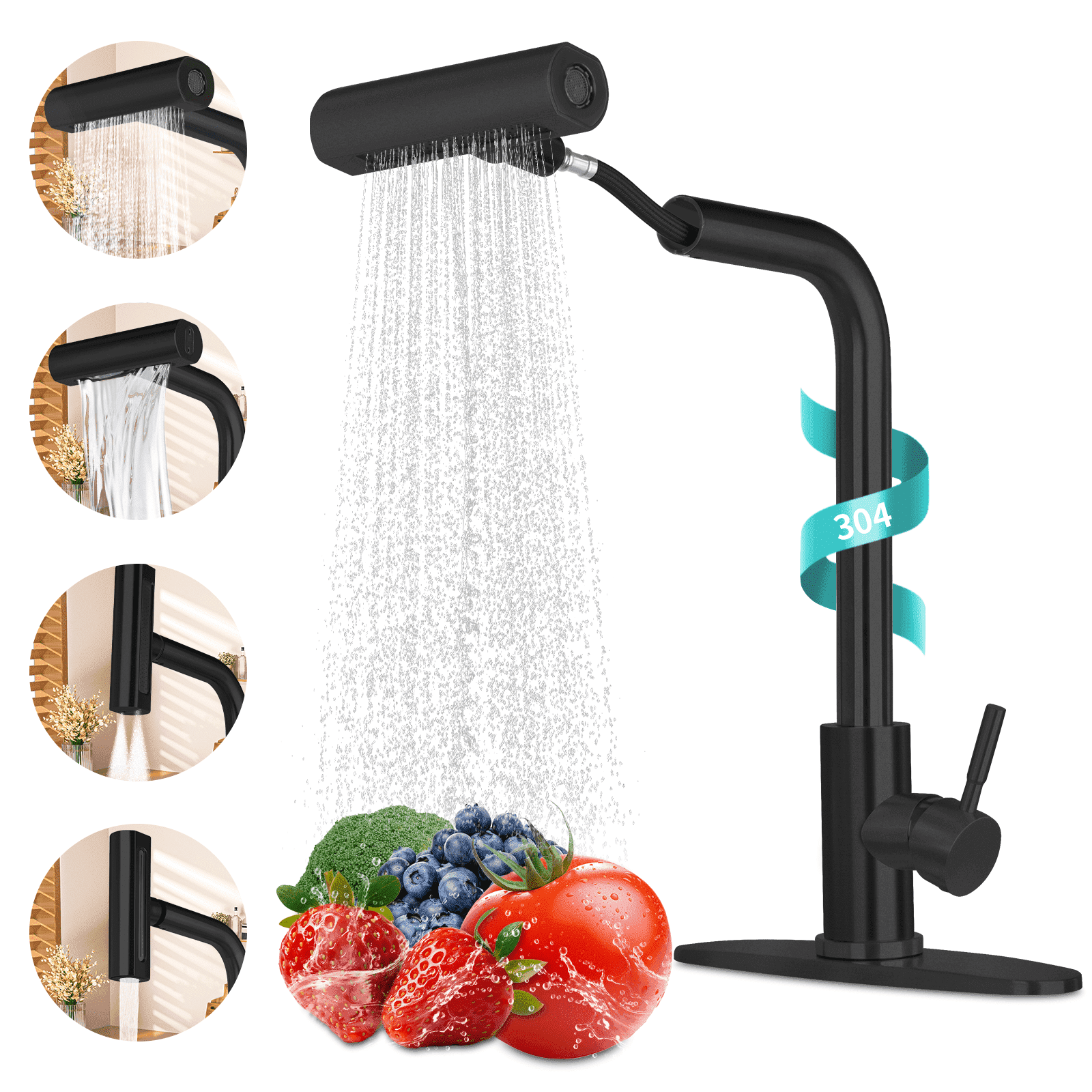 PHANCIR Kitchen Faucet with 4 Modes 15.7" Pull Down Sprayer, 360° Swivel Stainless Steel with No-Leak Ceramic Valve, Easy Install for Farmhouse Camper Laundry RV Bar, Black