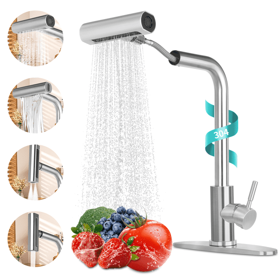 PHANCIR Kitchen Faucet with 4 Modes 15.7" Pull Down Sprayer, 360° Swivel Stainless Steel  with No-Leak Ceramic Valve, Easy Install for Farmhouse Camper Laundry RV Bar,Brushed Nickel