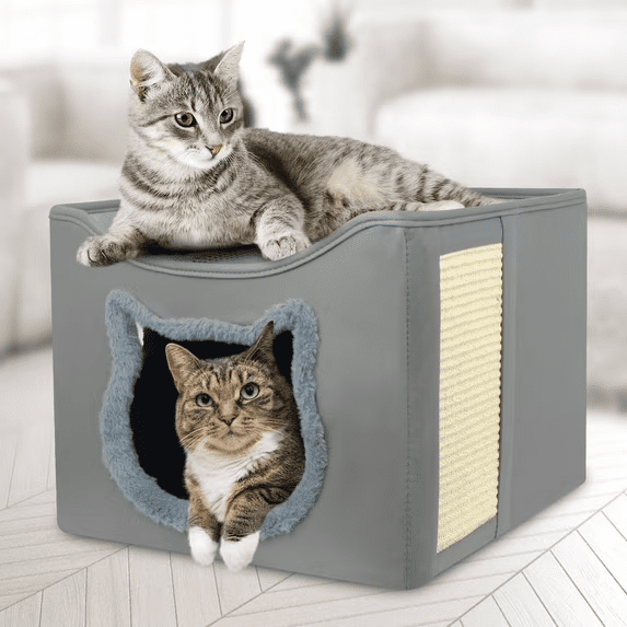 PHANCIR Cat Beds for Indoor Cats, Foldable Square Comfortable Pet Cave Bed & Furniture, with Scratching Pad and 2 Cushion, Grey