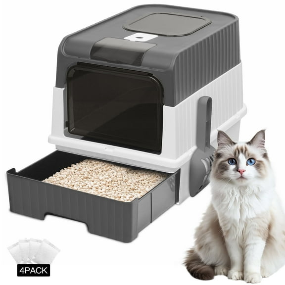 PHANCIR Enclosed Cat Litter Box, Foldable Lightweight with Litter Scoop, Easy to Clean, Grey