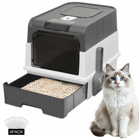 PHANCIR Enclosed Cat Litter Box, Foldable Lightweight with Litter Scoop, Easy to Clean, Grey