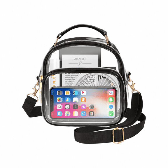 PHANCIR Clear Bag for Stadium Events, Clear Crossbody Bag with Front Pocket, Women's Clear Purse with Adjustable Shoulder Strap（Black）