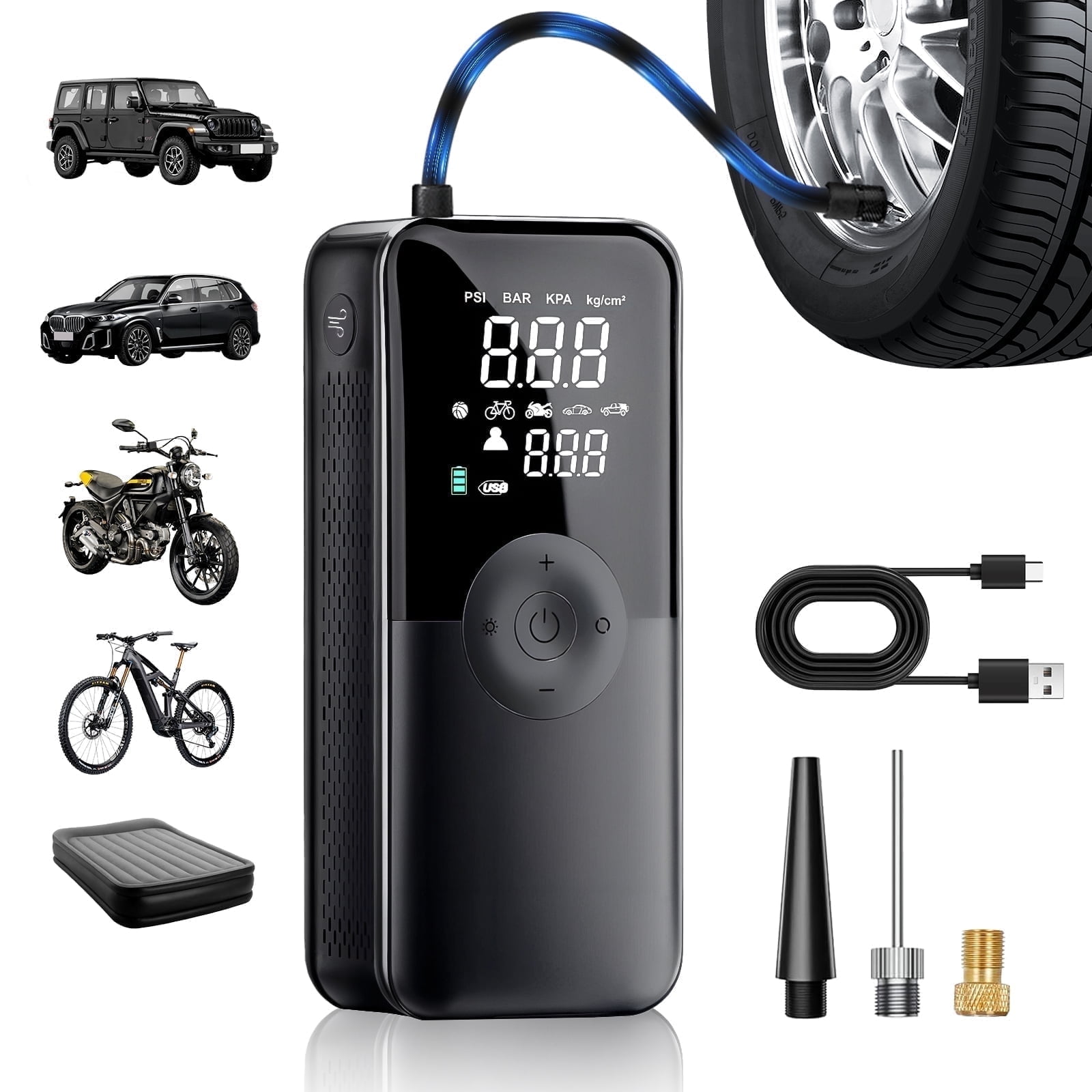 PHANCIR Cordless Tire Inflator Portable Air Compressor, 150 PSI Digital Display Multi-Function Air Pump with Automatic Shutoff \u0026 3 Modes LED Light for Car, Motorcycles, Bicycles, Balls
