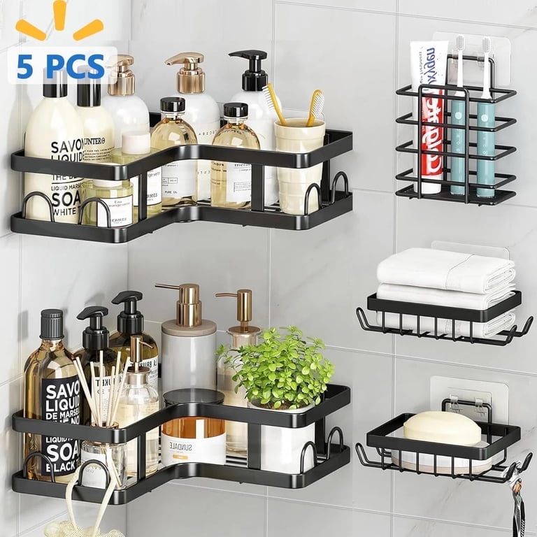 Corner Shower Caddy With Suction Cups - Rustproof Stainless Steel, 2 Hooks, No Drill Bathroom Organizer Shelf