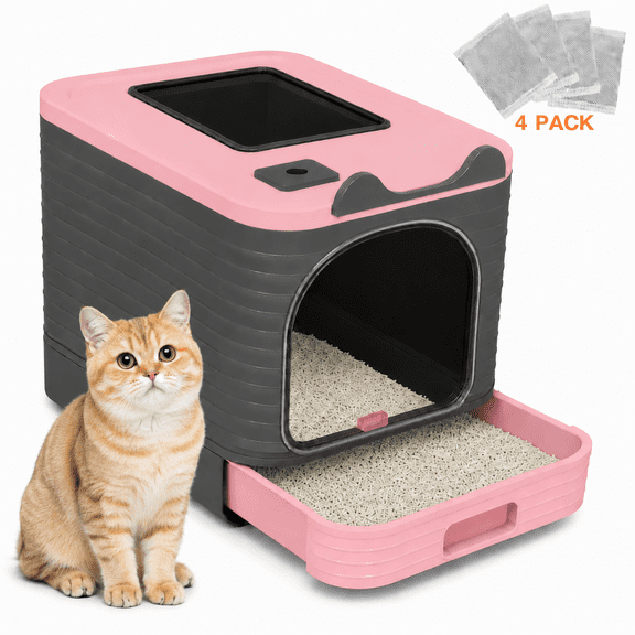 PHANCIR Enclosed Cat Litter Box with Lid, Easy to Clean with Includes Scoop & 4 Charcoal Deodorizer Bags,Pink