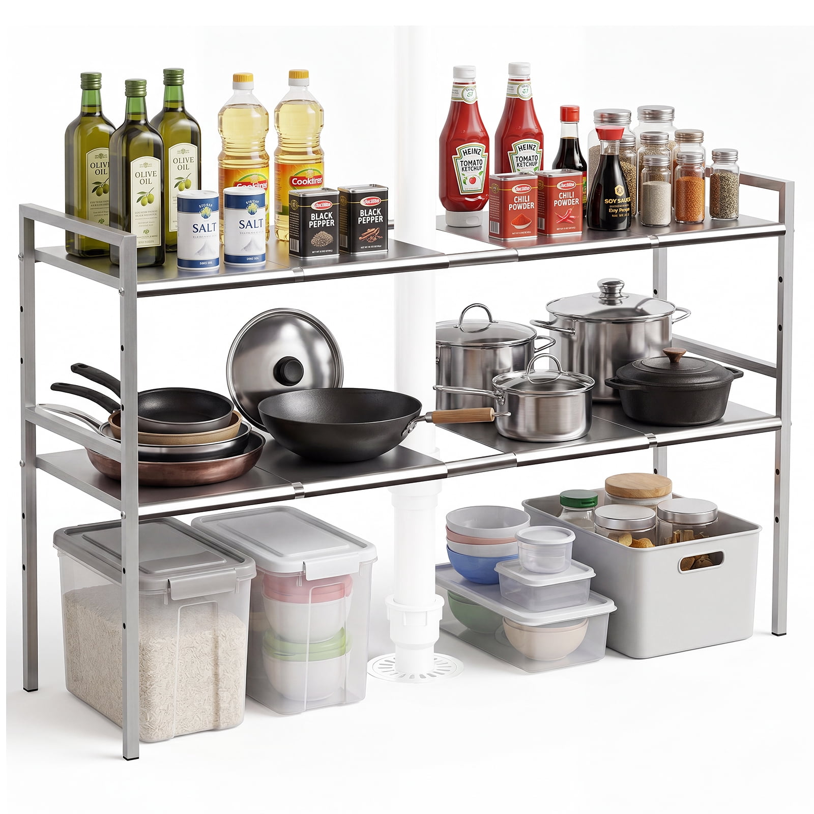 PHANCIR Cabinet Organizer with Adjustable Shelf, Expandable 2-Tier 201 Stainless Steel Under Sink Rack, for Kitchen & Bathroom Cabinets