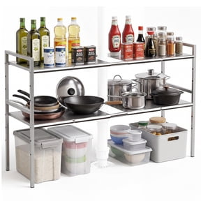 PHANCIR Cabinet Organizer with Adjustable Shelf, Expandable 2-Tier 201 Stainless Steel Under Sink Rack, for Kitchen & Bathroom Cabinets