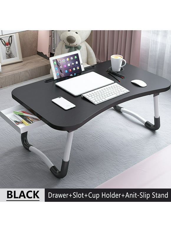 PHANCIR Foldable Lap Desk, 23.6 Inch Portable Wood Laptop Desk Table Workspace Organizer Bed Tray with iPad Slots, Cup Holder and Drawer, Anit-Slip for Working Reading Writing, Eating, Watching-Black