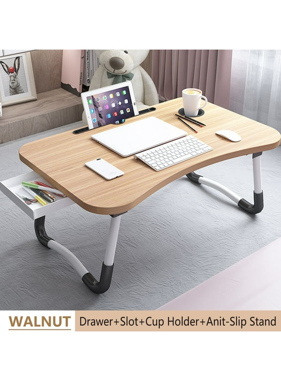 PHANCIR Foldable Lap Desk, 23.6 Inch Portable Wood Laptop Desk Table Workspace Organizer Bed Tray with iPad Slots, Cup Holder, Drawer, Anti-Slip for Working Reading Writing, Eating, Watching-Walnut