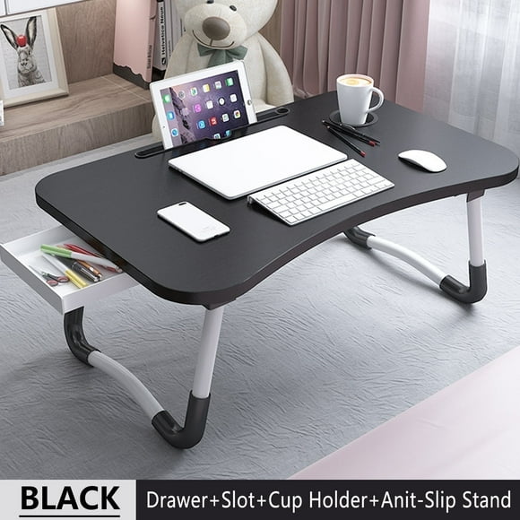 PHANCIR Foldable Lap Desk, 23.6 Inch Portable Wood Laptop Desk Table Workspace Organizer Bed Tray with iPad Slots, Cup Holder and Drawer, Anti-Slip for Working Reading Writing, Eating, Watching-Black