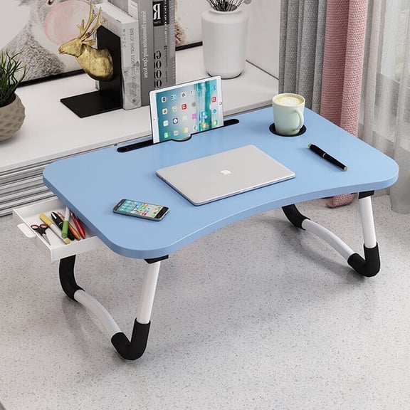 PHANCIR Foldable Lap Desk, 23.6 Inch Portable Wood Laptop Desk Table Workspace Office Organizer Bed Sofa Tray with Slots/Cup Holder/Drawer, Anti-Slip for Reading Writing Eating Watching, Blue