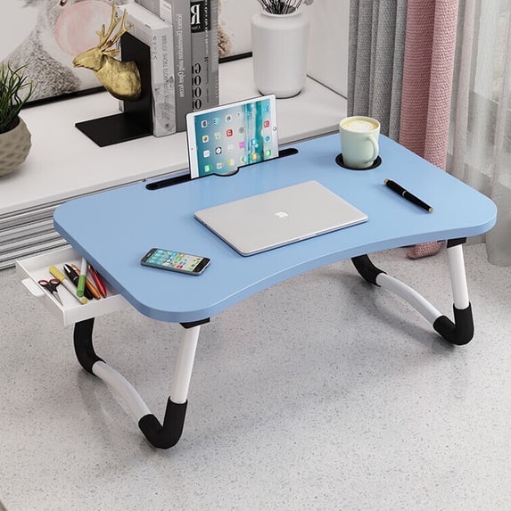 PHANCIR Foldable Lap Desk, 23.6 Inch Portable Wood Laptop Desk Table Workspace Office Organizer Bed Sofa Tray with Slots/Cup Holder/Drawer, Anti-Slip for Reading Writing Eating Watching, Blue