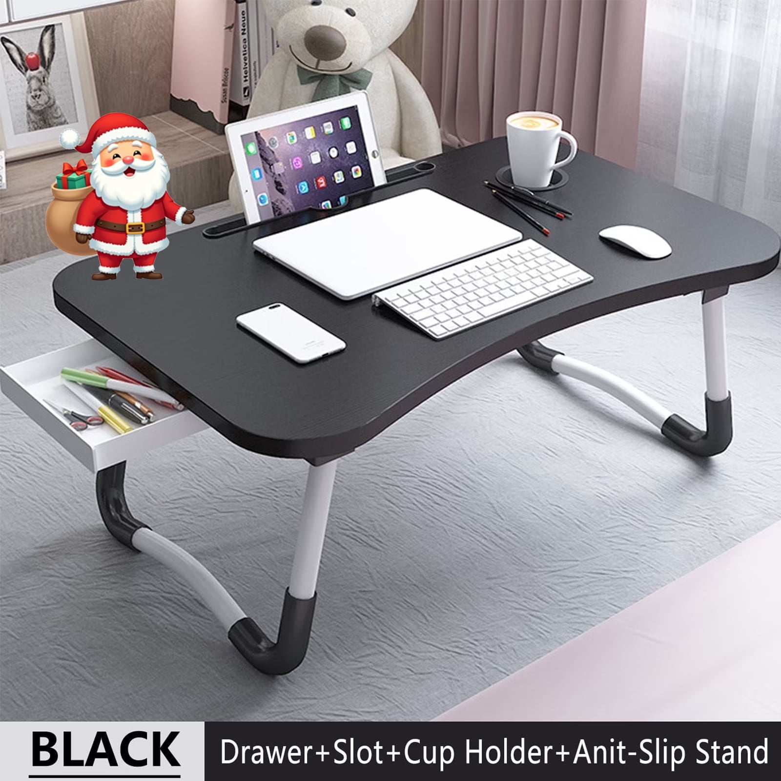 Walmart Black Friday Deals 2025 - PHANCIR Foldable Lap Desk, 23.6 Inch Portable Laptop Table with iPad Slots, Cup Holder, Drawer, Anti-Slip, Black
