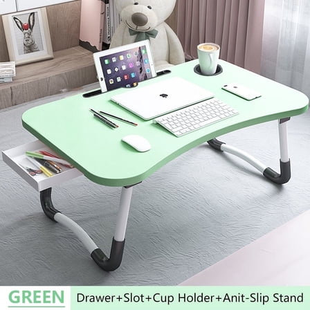 PHANCIR Foldable Lap Desk, 23.6 Inch Portable Wood Laptop Desk Table Workspace Organizer Bed Tray with iPad Slots, Cup Holder and Drawer, Anti-Slip for Working Reading Writing, Eating, Watching-Green