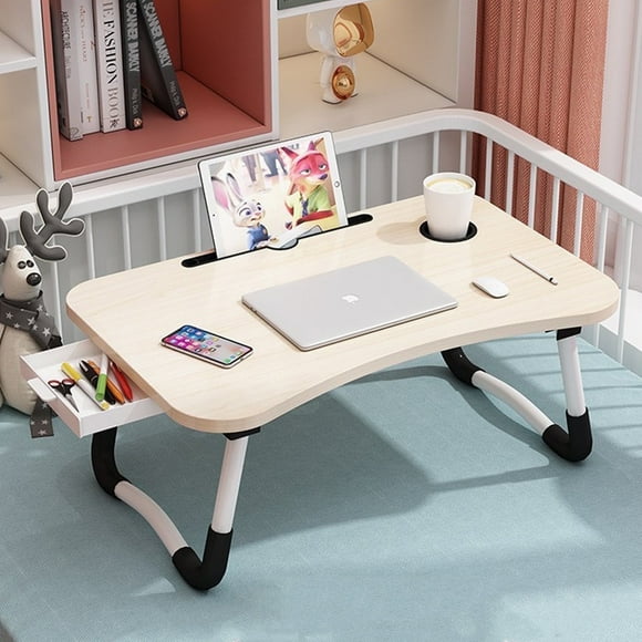 PHANCIR Foldable Lap Desk, 23.6 Inch Portable Wood Laptop Desk Table Workspace Organizer Bed Tray with iPad Slots, Cup Holder and Drawer, Anti-Slip for Working Reading Writing, Eating, Watching-White