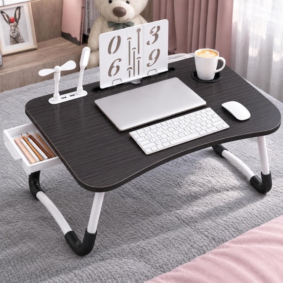 PHANCIR Foldable Lap Desk with USB, 23.6 Inch Portable Wood Laptop Desk Table, Anti-Slip for Reading Writing Eating Watching, Black