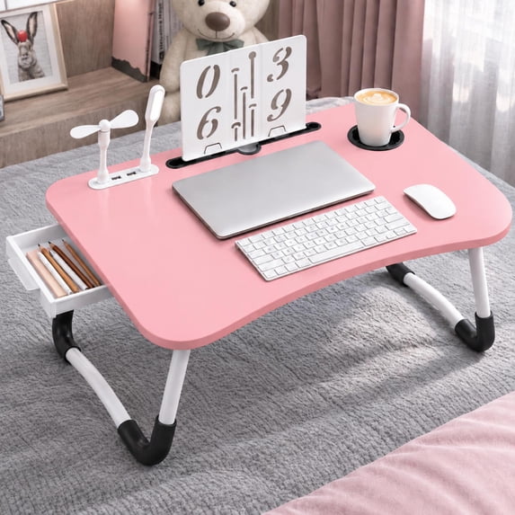 PHANCIR Folding Lap Desk with USB Fan and Reading Light, 23.6 Inch Portable Wood Laptop Desk Table with Slots/Cup Holder/Drawer, Anti-Slip for Reading Writing Eating Watching, Pink