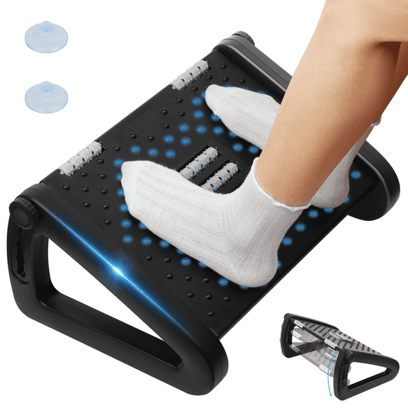 PHANCIR Foot Rest with 6 Adjustable Heights, Anti-Slip Suction Cup Design with Massage Roller, Portable Under Desk Foot Stool for Office, Home, Travel, Black