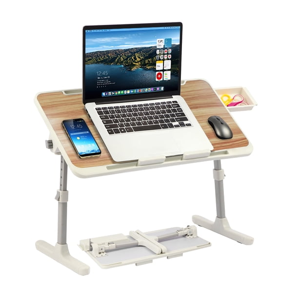 PHANCIR Height & Angle Adjustable Lap Desk, Laptop Stand Bed Tray, Foldable Laptop Desk with Storage Drawer, Walnut
