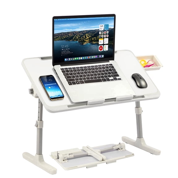 PHANCIR Height & Angle Adjustable Lap Desk, Laptop Stand Bed Tray, Foldable Laptop Desk with Storage Drawer, White