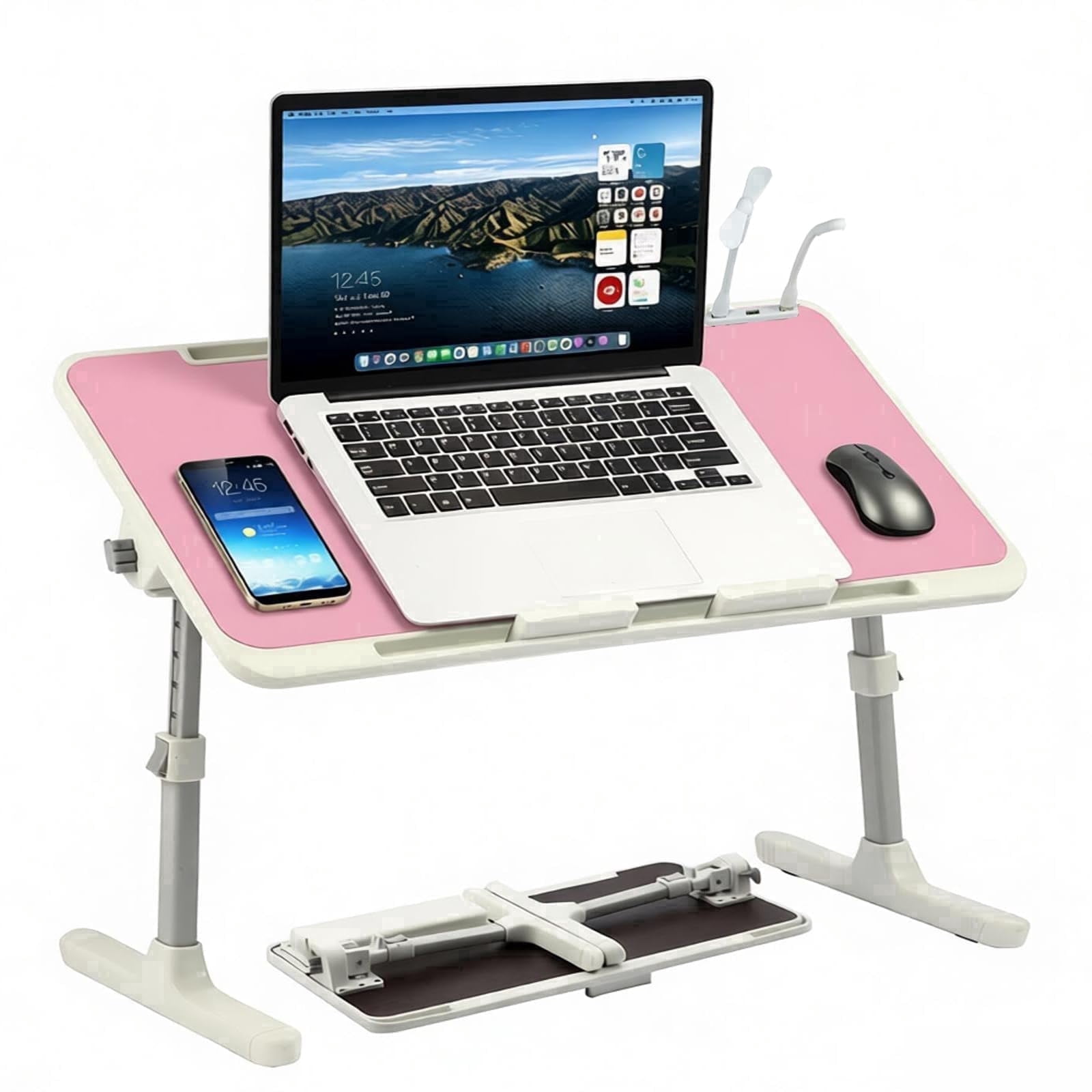 PHANCIR Height & Angle Adjustable Lap Desk, Laptop Stand Bed Tray with USB Fan & LED Light, Foldable Laptop Desk for Couch Sofa Floor, Pink