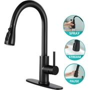 PHANCIR Kitchen Faucet with Pull Down Sprayer, High Arc Single Handle Kitchen Sink Faucets with Pause Button Premium Brushed Nickel with Deck Plate Suit to 1 or 3 Holes Black