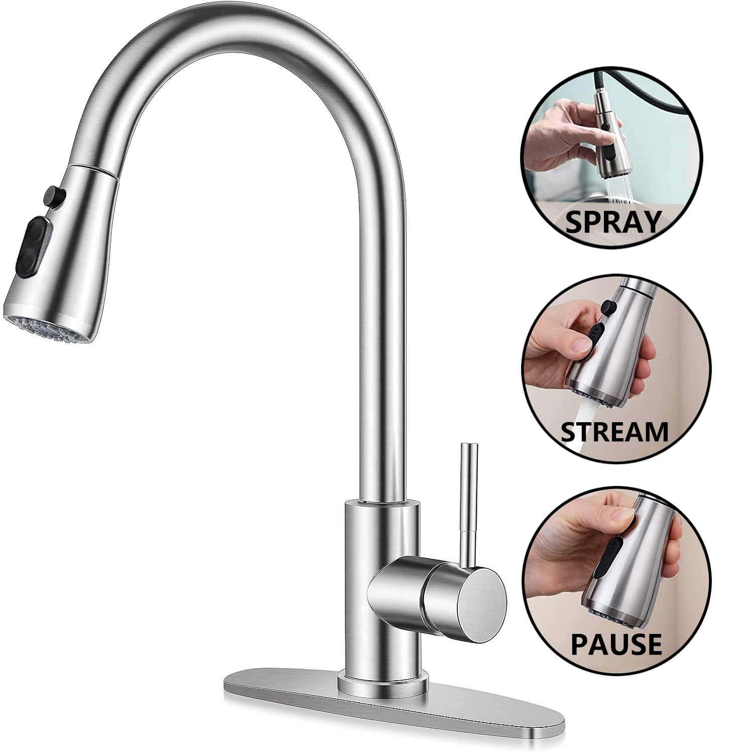 Phancir Kitchen Faucet With Pull Down Sprayer, High Arc Single Handle  Kitchen Sink Faucets With Pause Button Premium Brushed Nickel With Deck  Plate Suit To 1 Or 3 Holes - Walmart.Com
