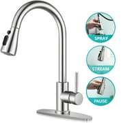 PHANCIR Kitchen Faucet with Pull Down Sprayer, High Arc Single Handle Kitchen Sink Faucets with Pause Button Premium Brushed Nickel with Deck Plate Suit to 1 or 3 Holes