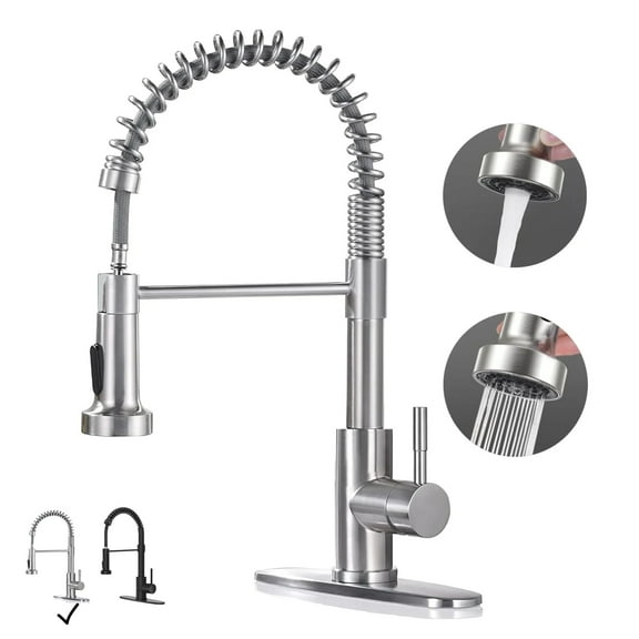 PHANCIR Kitchen Faucet with Pull Down Sprayer, Brushed Nickel Commercial Spring Kitchen Sink Single Handle Pull Out Sink Faucets with Deck Plate Suit to 1 or 3 Holes