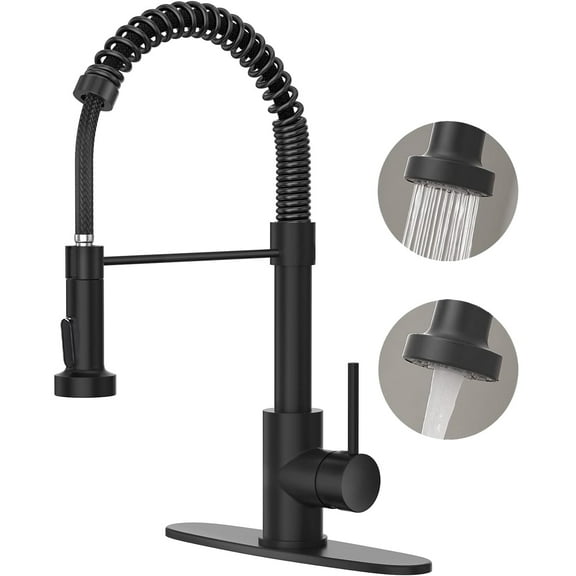 PHANCIR Kitchen Faucet with Pull Down Sprayer, Commercial Spring Kitchen Sink Single Handle Pull Out Sink Faucets with Deck Plate Suit to 1 or 3 Holes Matte Black