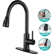 PHANCIR Kitchen Faucet with Pull Down Sprayer, High Arc Single Handle Kitchen Sink Faucets with Pause Button Premium with Deck Plate Suit to 1 or 3 Holes Black
