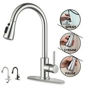 PHANCIR Kitchen Faucet with Pull Down Sprayer, High Arc Single Handle Kitchen Sink Faucets with Pause Button Premium Brushed Nickel with Deck Plate Suit to 1 or 3 Holes