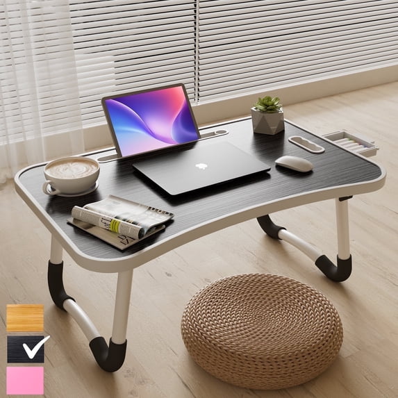 PHANCIR Lap Desk with Handle, 23.6" Foldable Wood Laptop Desk Nonslip, Durable Edge with Slots Cup Holder & Drawer, for Home Reading Writing Eating & On-the-Go Use, Black