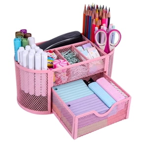 PHANCIR Mesh Desk Organizer, Pink Pen Holder with 8 Compartments & 1 Drawer Stationery Supplies Organizers for Office, Home