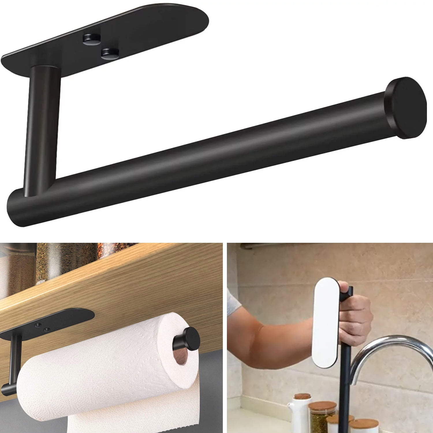  TONLEA Under Cabinet Paper Towel Holder - Wall Mount Kitchen  Paper Towel Rack with 3M Self-Adhesive or Drilling Option - Perfect for  Pantry, Sink, Bathroom - Black