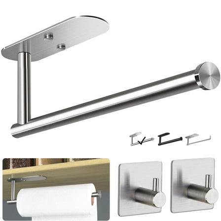 PHANCIR Paper Towel Holders with 2 Pack Adhesive Hooks, Wall Mount Kitchen Paper Holder Under Cabinet, Silver