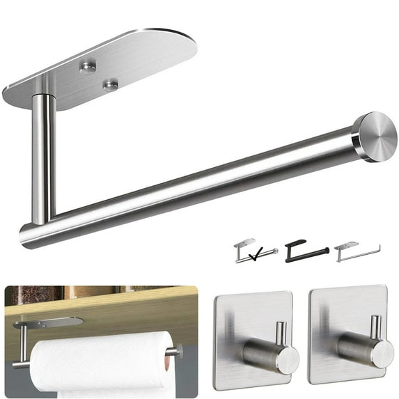 PHANCIR Paper Towel Holders with 2 Pack Adhesive Hooks, Wall Mount Kitchen Paper Holder Under Cabinet, Silver