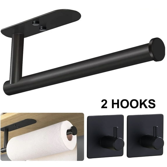 PHANCIR Paper Towel Holders with 2 Pack Adhesive Hooks, Wall Mount Kitchen Paper Holder Under Cabinet, Black